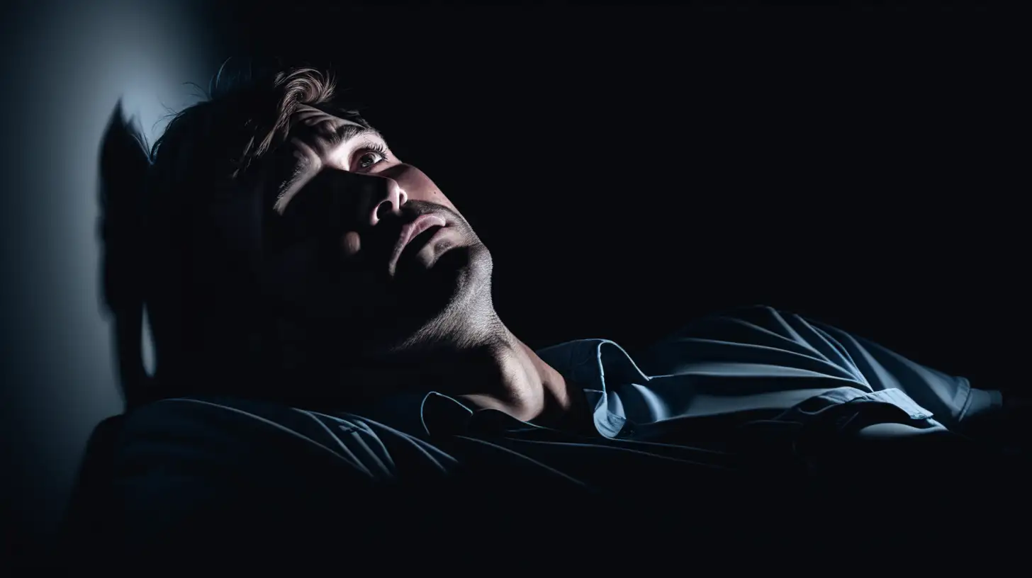 relieved lying man in complete darkness 