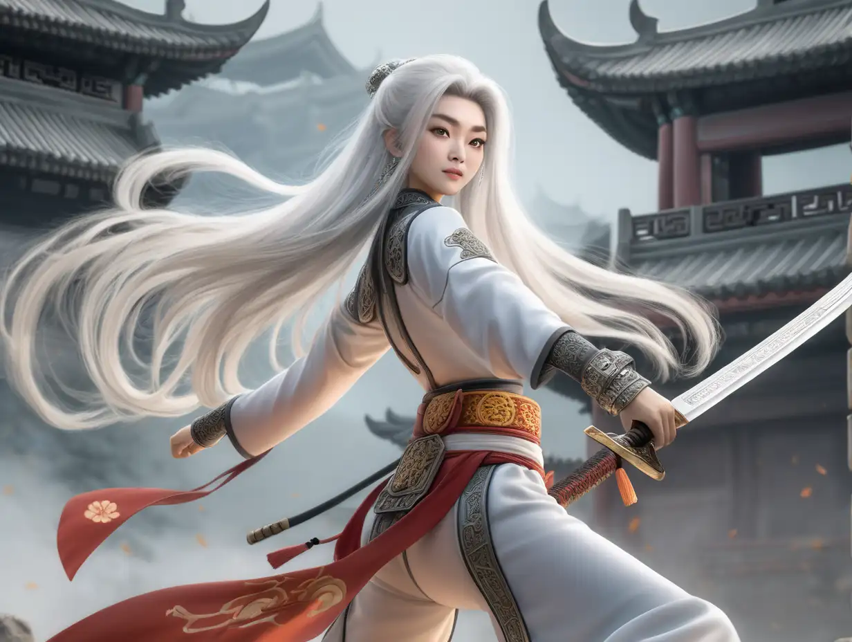 high resolution, 1 tang  magic girl, alone, looks like Brigitte Lin， butt up, looking at viewer, (face detailed), white hair, long hair, with sword inaction, full body view,  ancient china
