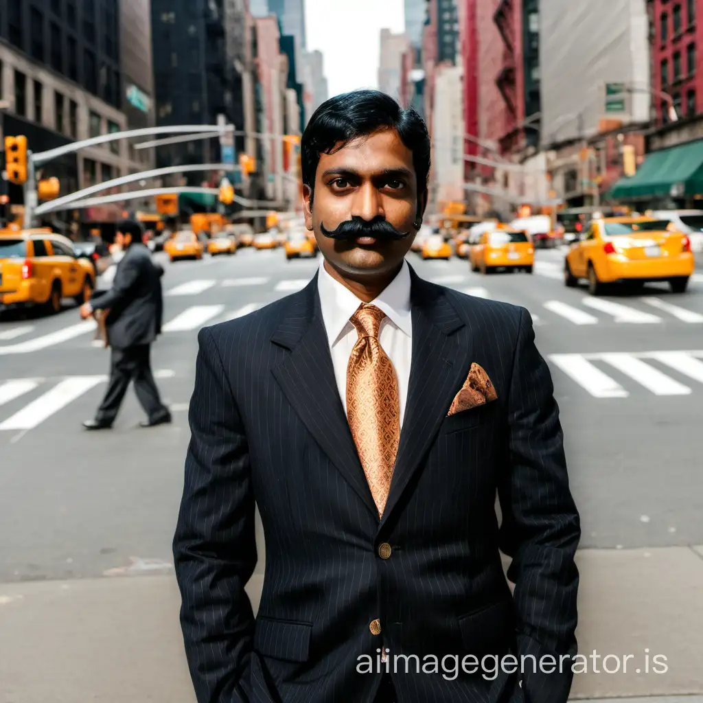 Indian man with mustache wearing a suit in New York
