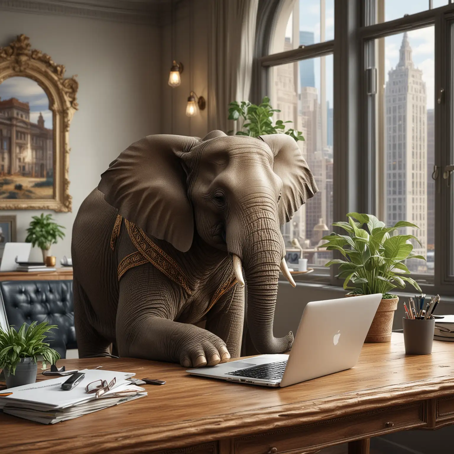 Elephant Using Laptop at Ornate Desk in City Office