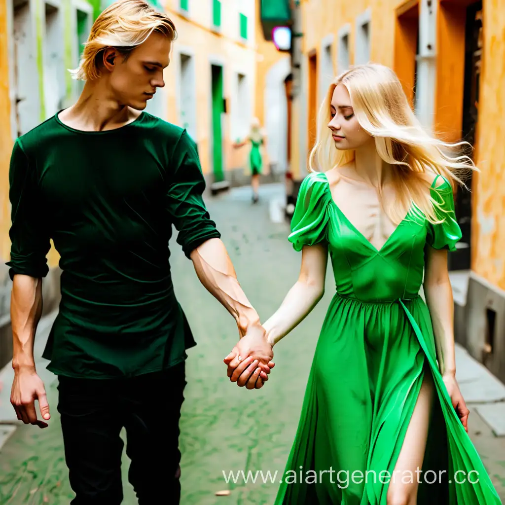 Парень в чёрном держащий за руку девушку в зелёном платье блондинку