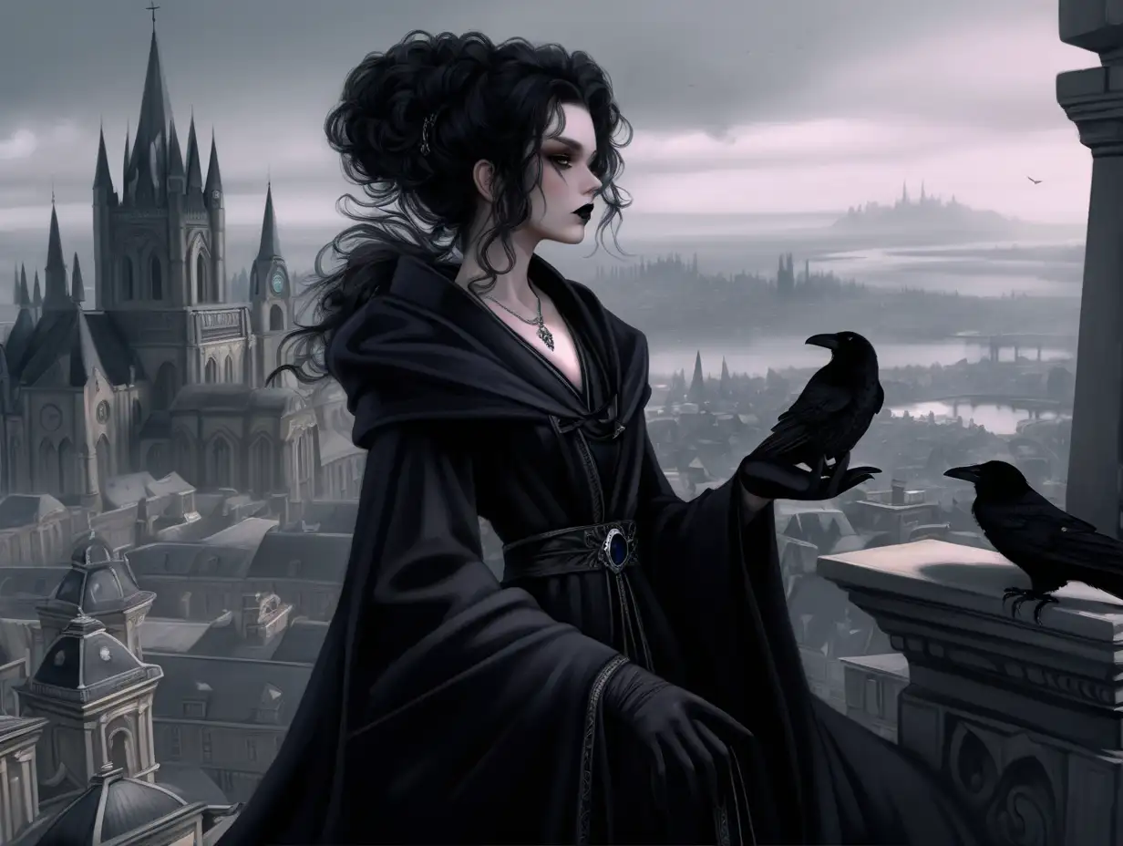 dark queen attractive woman in Gothic dress. Raven in hand. holds