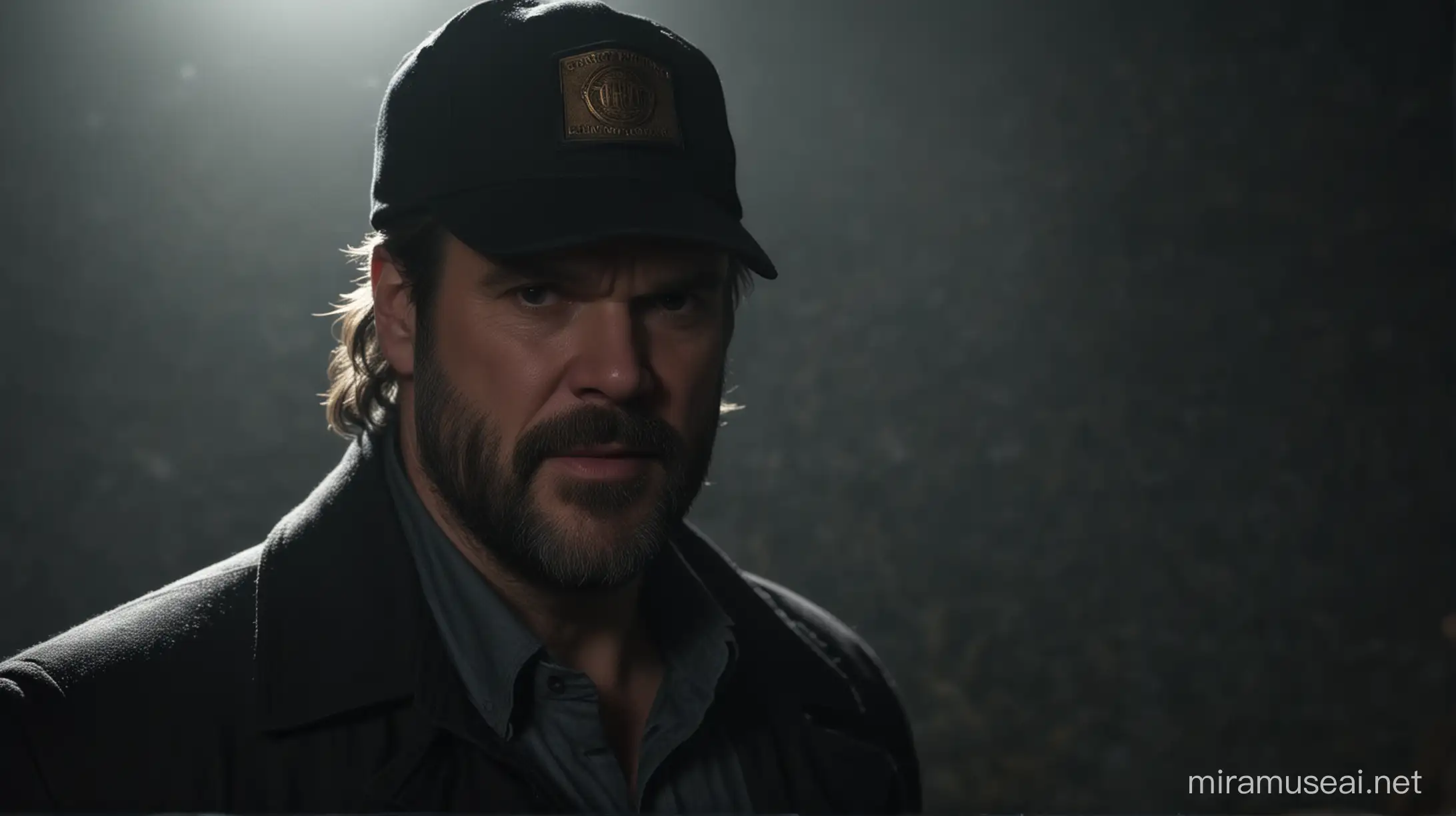 alone in the dark zoom in face David Harbour with hat detective 
