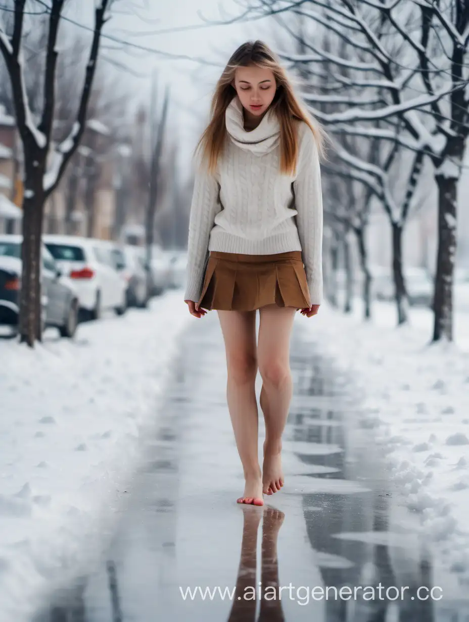 外国年轻女子冬日赤脚行走在积雪冰冻的街道上，冰天雪地，短裙，脚部特写