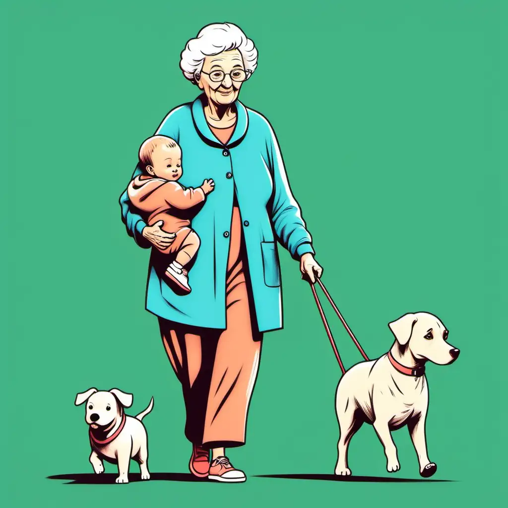 cartoon simple drawing of GRANDMA walking with baby and dog coloured background