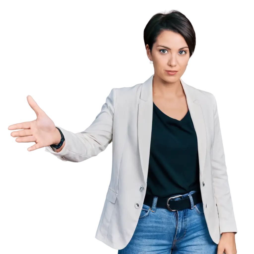 woman portreit with short hair, hands down, in classic white jacket with a black blouse underneath, waist-deep in half a turn