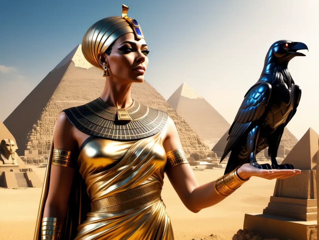 In the ancient times of Egypt, a queen wearing a golden dress, the queen's hand pointing to the sky, a black raven on her hand above, large pyramids and two sphinx cat statues made of sculpture at the entrance of the country, there are tombs behind the city,futuristic