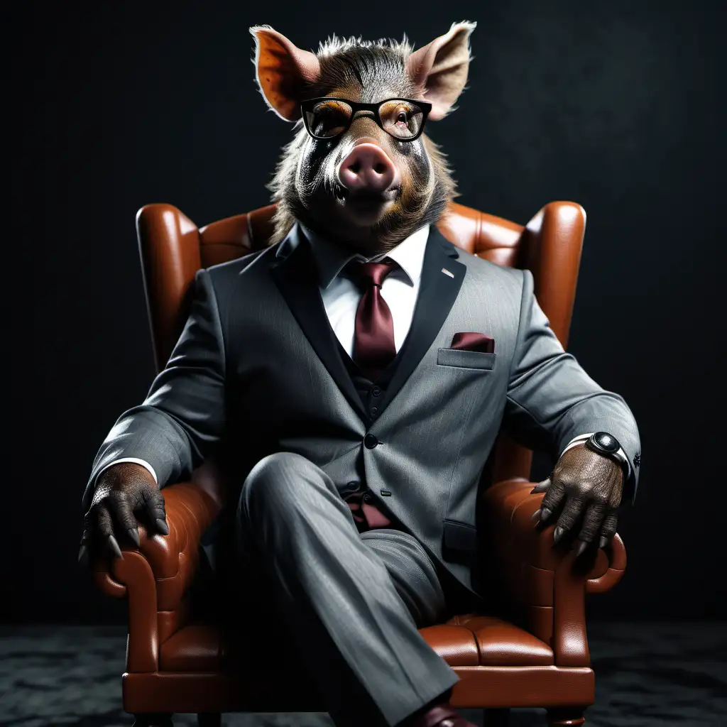 Stylish-Boar-Wearing-Suit-and-Glasses-Relaxing-in-Chair