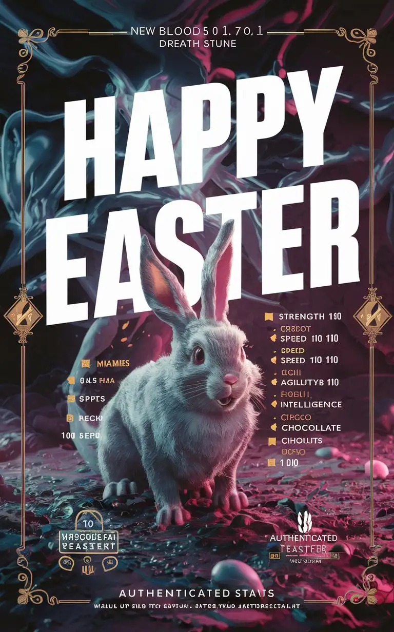 """
add bold text""Happy Easter"" complex ""Happy Easter"" card include name ""Happy Easter"" action easter bunny card include stats""Strength: 10/10""Speed: 10/10""Agility: 10/10""Intelligence: 10/10""Chocolate: 10/10"" premium 14PT card stock authenticated breathtaking 8k 16k easter bunny visuals in a complex background --chaos 90 --testpfx New Blood 5 0. 1 7 0. 1 rabbit network; 9 0 s stock; trending on Easter; hyperrealism
"""