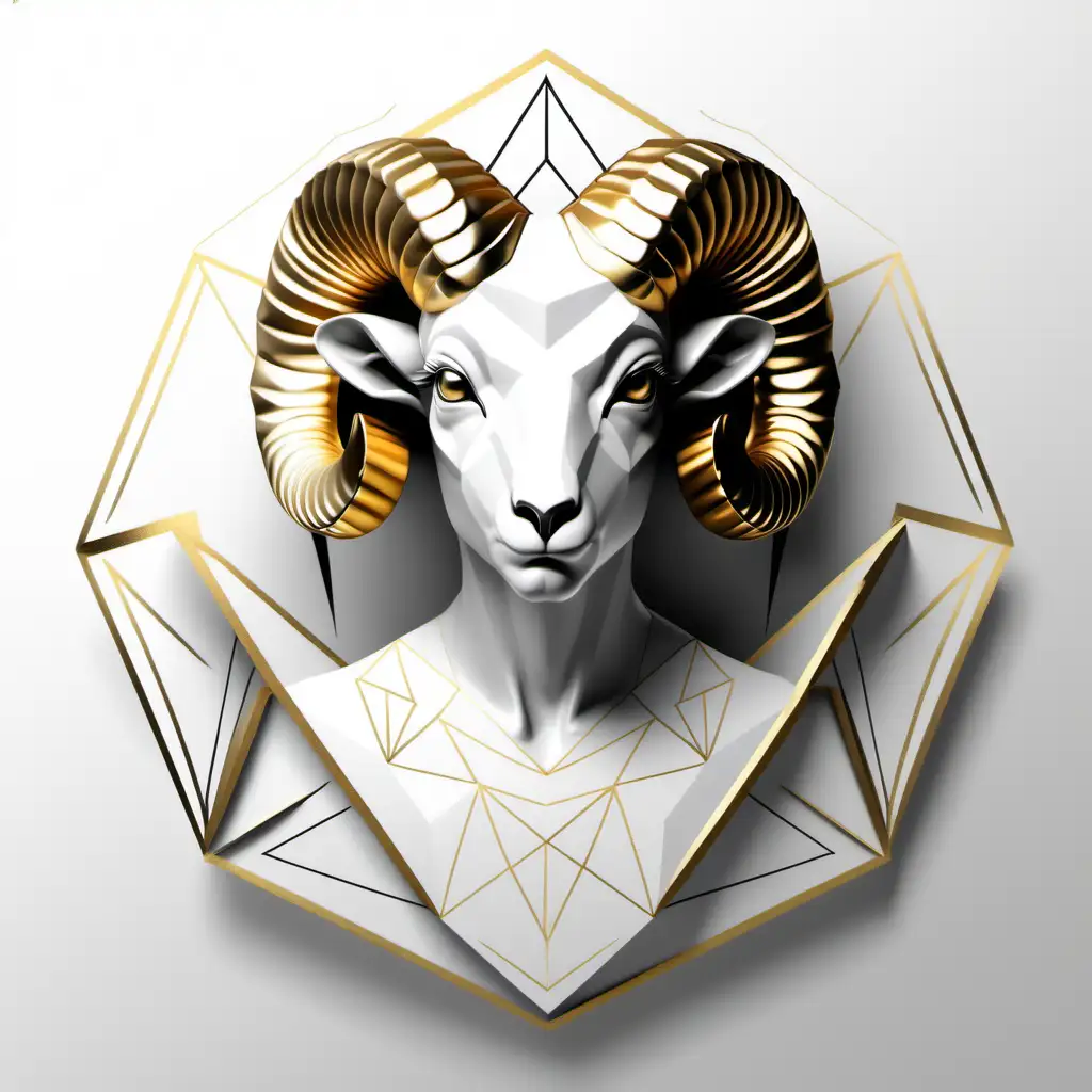 Aries Zodiac Hyper Realistic Ram with a Beautiful Lady and Geometric Shapes