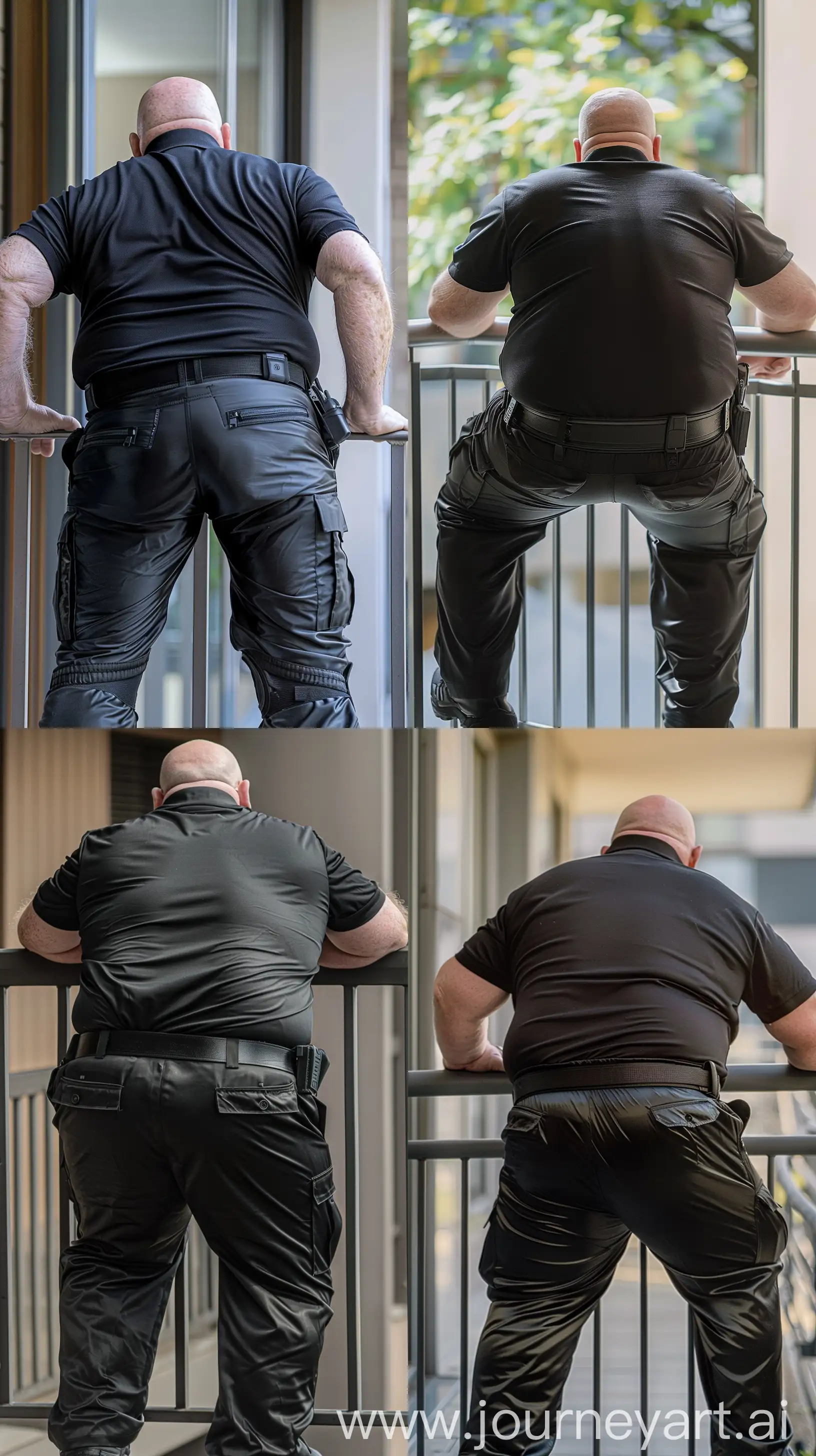 Back view photo of a fat man aged 70 wearing silk black security guard battle pants and a tucked in silk black polo shirt. Heavy black tactical duty belt. Leaning forward on both elbows on the railing of a balcony. Bald. Clean Shaven. Natural light. --style raw --ar 9:16