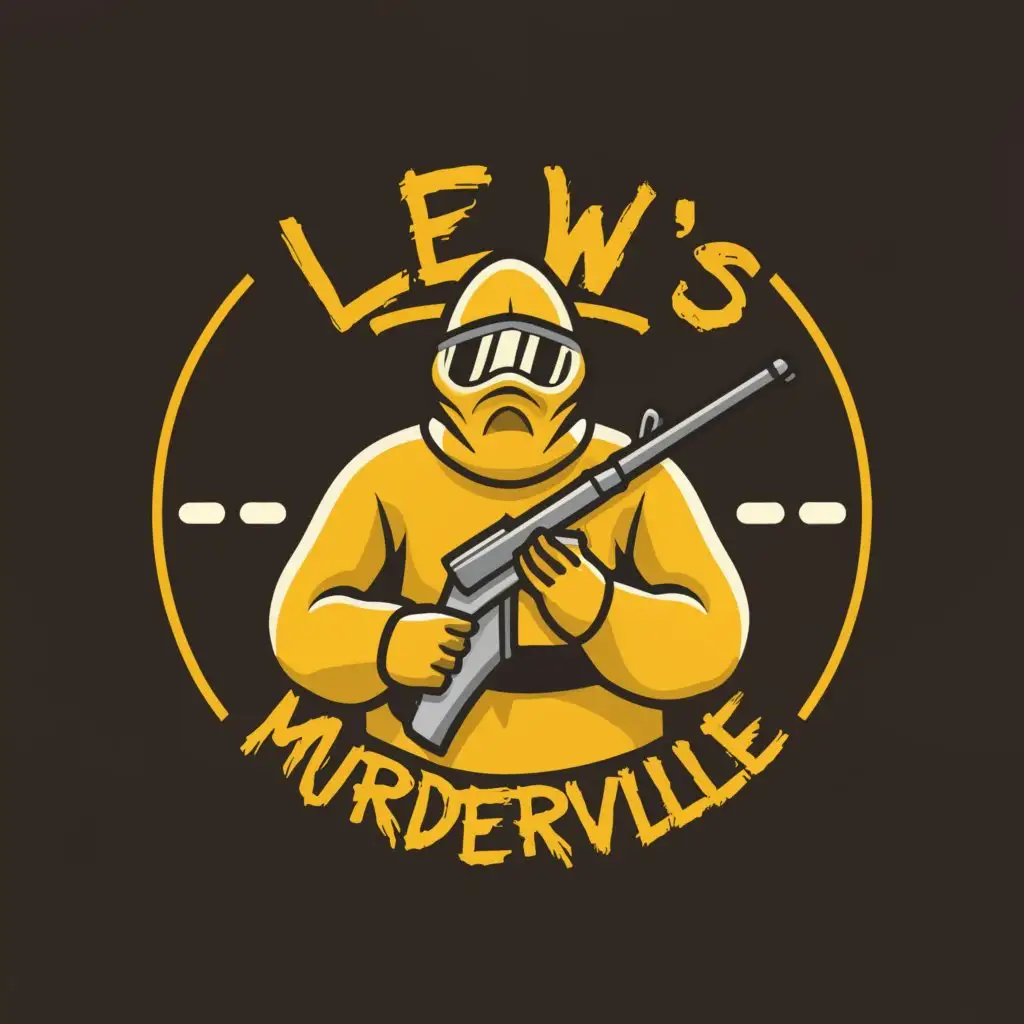 LOGO-Design-for-Lews-Murderville-Bold-Typography-and-Iconic-Hazmat-Suit-with-Rifle-Imagery-for-Entertainment-Industry