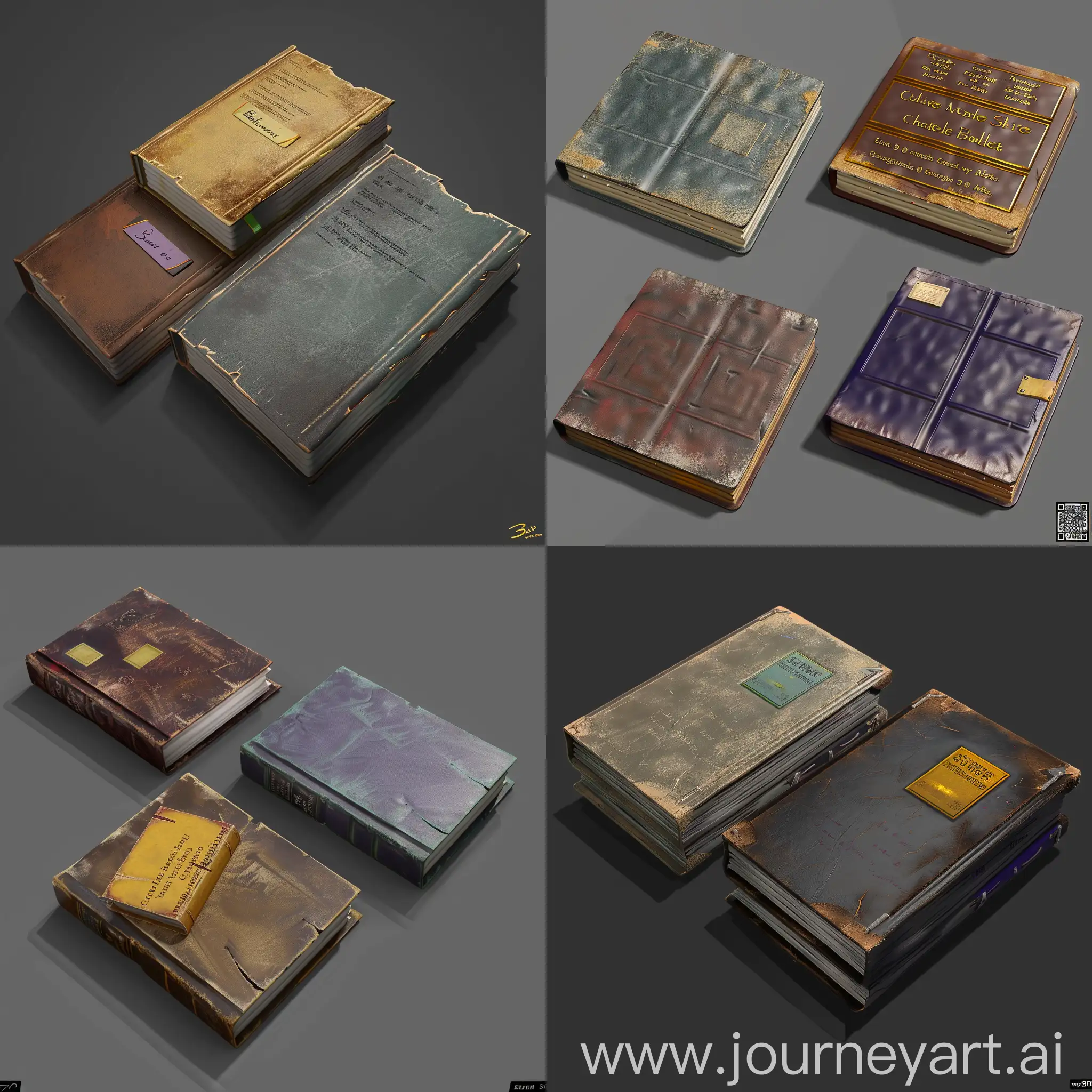 https://imgbly.com/ib/NhVu9noHmK.jpg realistic worn very thin books without text in style of realistic 3d blender game asset, leather cover, realistic style