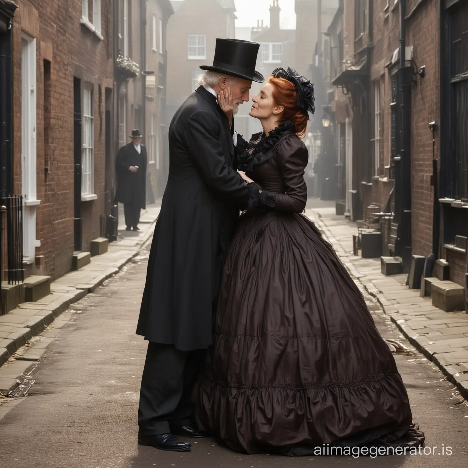 red hair Gillian Anderson wearing a dark chocolate floor-length loose billowing 1860 Victorian crinoline poofy dress with a frilly bonnet on Victorian era street kissing lovingly an old man dressed into a black Victorian suit who seems to be her dear husband