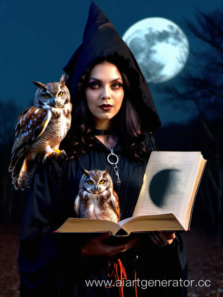 Photo RAW, (((close-up))), (((((woman witch))))), holding (((old book 3%))), (((owl on shoulder))), monastic robe , hood on the head, black long hair, fear, cold, discomfort, ((moon))on the forehead, ((((round moon in the sky 5%)))), (night30%), (Door key 1%) , beautiful eyes, blue eyes, passionate look, confident look, fire in the eyes, passion, forest, waterfall, (darkness), trees, nature, otherworldly forces, cinematic light, volumetric light, soft light, live image, photorealism, ideal composition , natural faces, live face, naturalness, HDR