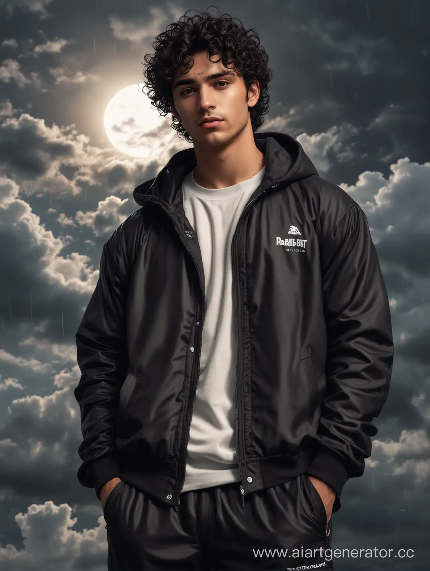 25 year old guy, cream skin, bad boy aura, smooth baby face, brown eyes, black fluffy curly hair, tracksuit style cool outfit, rainy sky with moonlit clouds in the background, realistic style