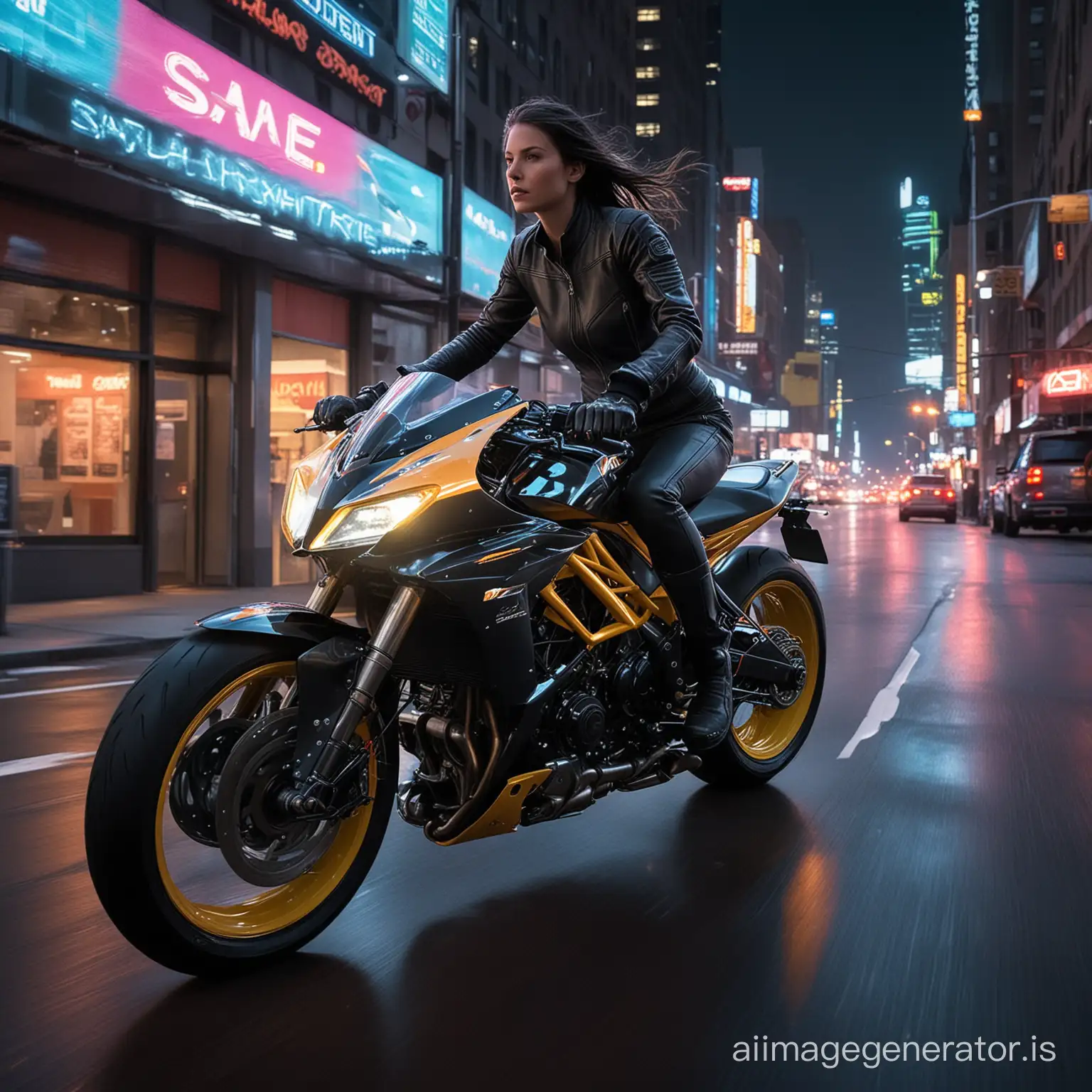 Electrifying scene captures a stunning woman astride a futuristic race motorcycle, its sleek frame bathed in neon reflections from state-of-the-art LED displays and avant-garde controls. As she throttles forward, slicing through the neon-lit city, the pulsating rhythm of the night amplifies her ethereal radiance. Leaving a phosphorescent trail in her wake, her rapidity seems almost unreal. BREAK Hot on her trail are street racing cars, their engines roaring and headlights blazing. They swerve, drift, and make death-defying jumps, pulling off audacious stunts in a relentless pursuit to outmaneuver and overtake her. Every twist and turn they make echoes the high-octane adrenaline of a "The Fast and the Furious" chase sequence.