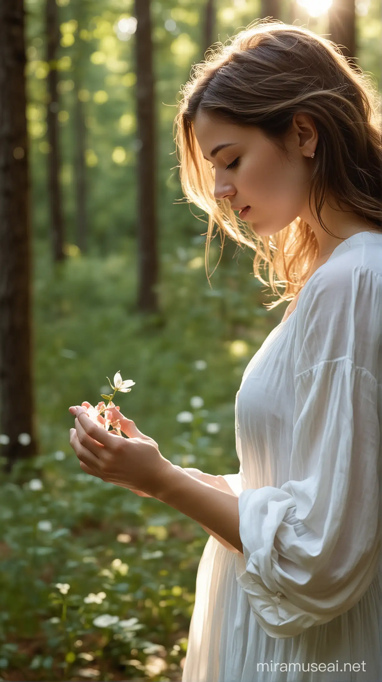 Close-up of a young woman in a forest clearing catching a petal in her hands, symbolizing her simple and tender dreams. The scene is intimate and serene, with the woman's gentle expression and the delicate petal highlighted against the natural backdrop of the forest. This moment captures her connection with nature and the purity of her aspirations.