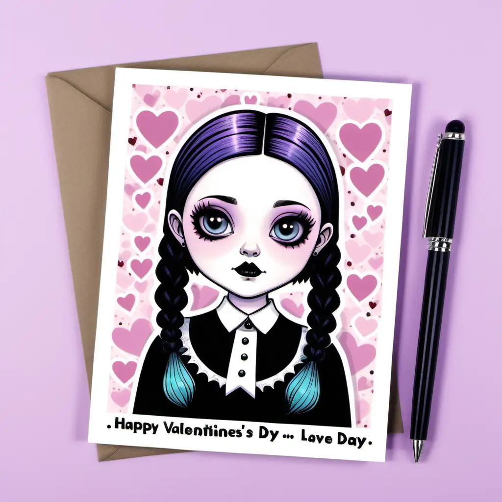 A Retro Valentines day card, pastel goth inspired, Wednesday addams