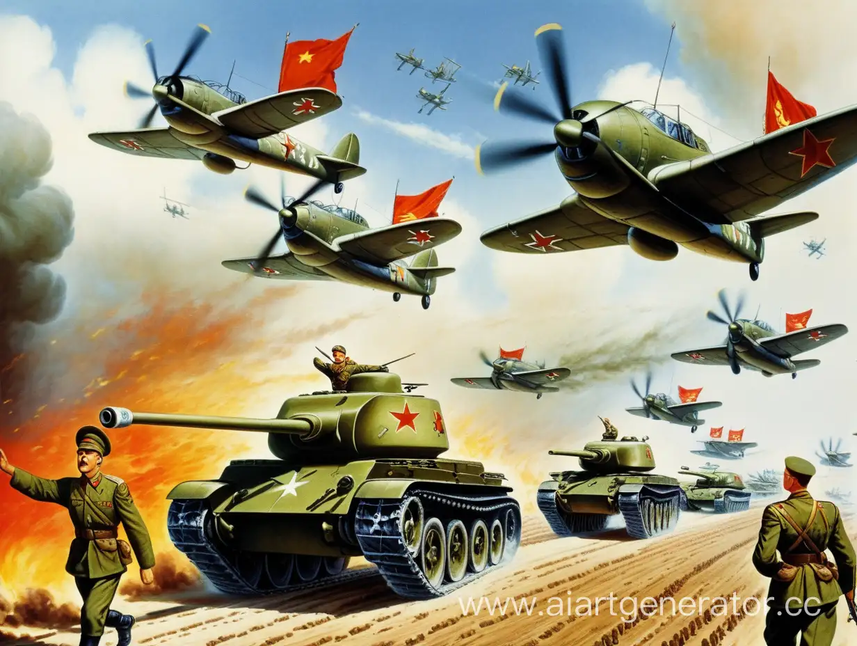 Red-Army-Soldiers-Marching-with-Tanks-and-Airplanes-in-Formation