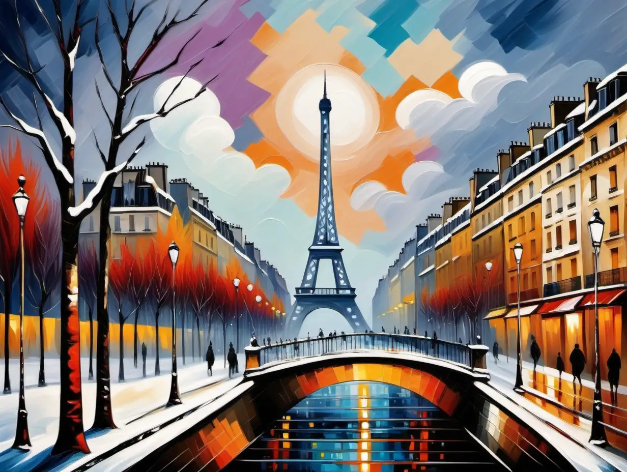 winter landscape of Paris in expressionism style