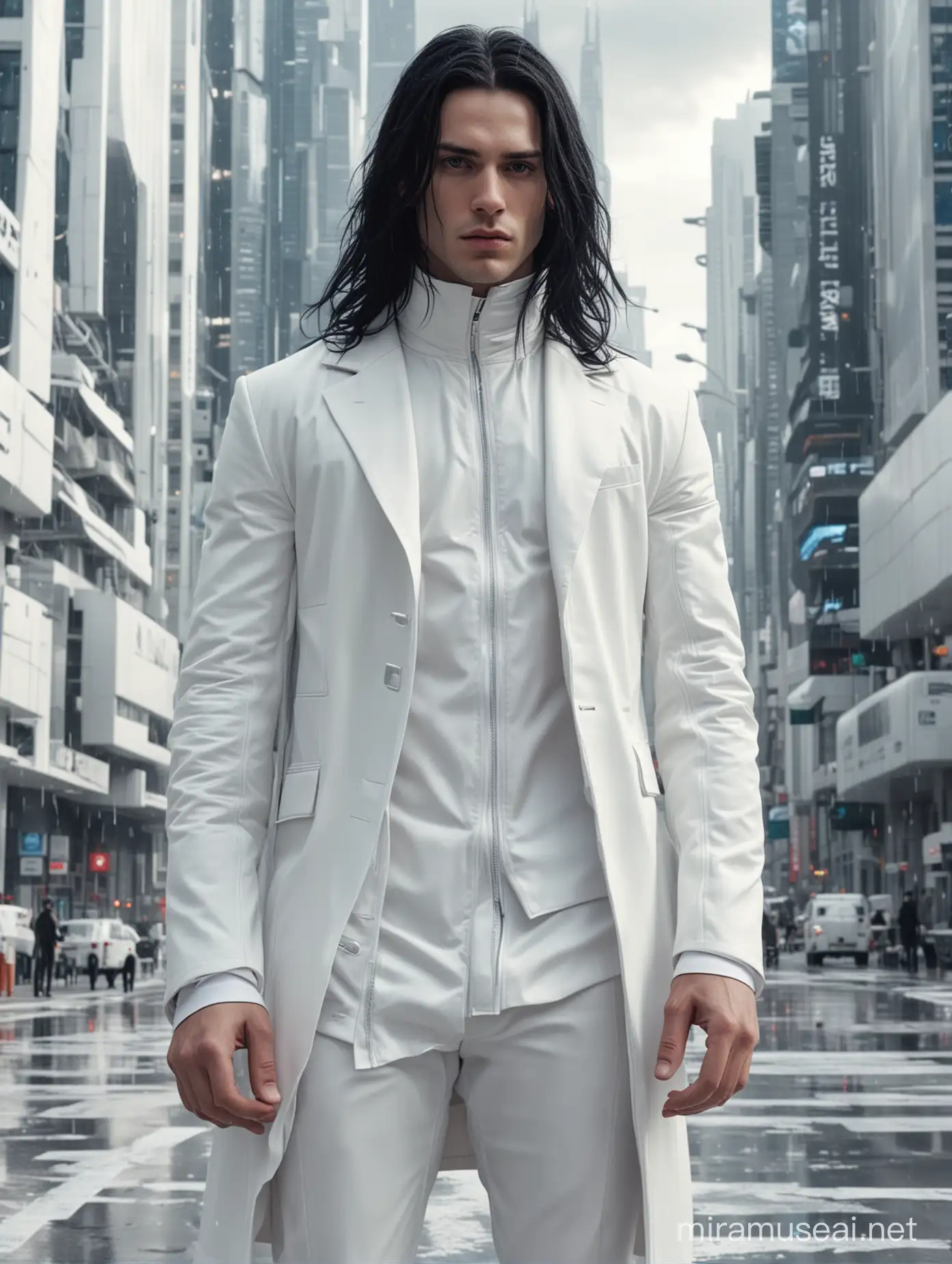 young pale skin man of athletic build  with a very long straight black hair, dressed in a white three-piece suit and a long white raincoat with his hands in his pockets against the backdrop of a white futuristic city of the future fantasy style photorealism cinematic 8K quality high detail pictures full face portrait waist-length portrait