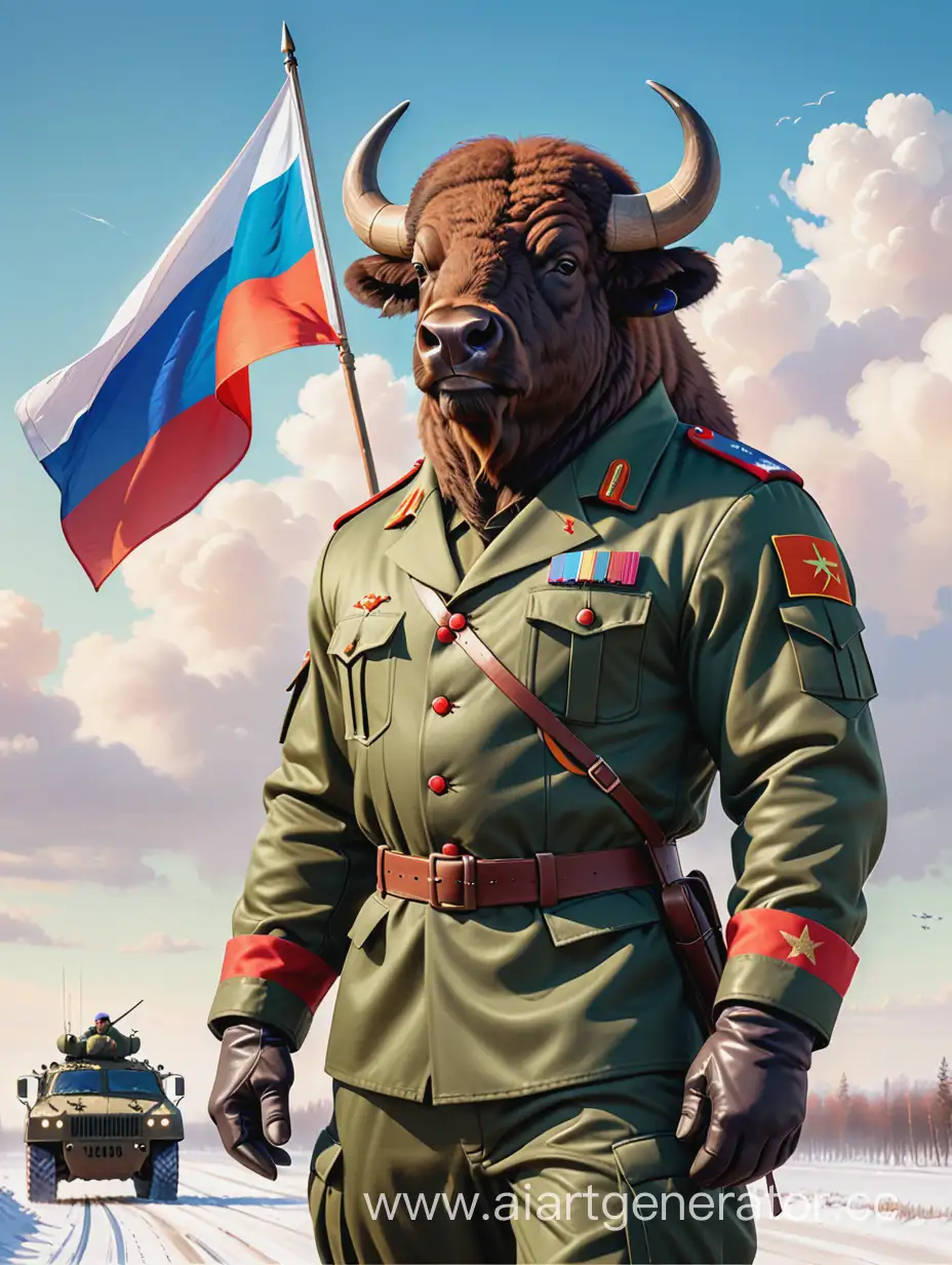 Russian-Military-Bison-in-Ratnik-Kit-Beneath-Flying-Flag