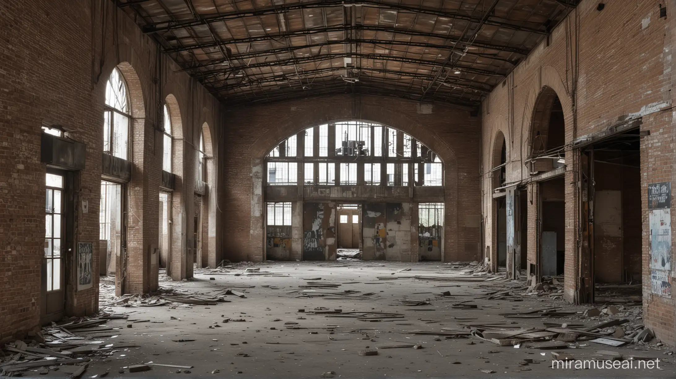Imagine a vast abandoned industrial hall with a ceiling height of approximately 30 feet, characterized by exposed heavy-duty steel beams. The ceiling, supported by a grid of eight steel columns, shows signs of decay with patches where concrete has crumbled, revealing the metal skeleton within. The floor is a mosaic of old, dirty tiles and scattered debris, with some areas covered in years of accumulated dust and grime. No people are present, lending an eerie quietness to the space. There are three large, arched doorways along one wall, framed by weathered bricks and remnants of old metal doors hanging off their hinges.