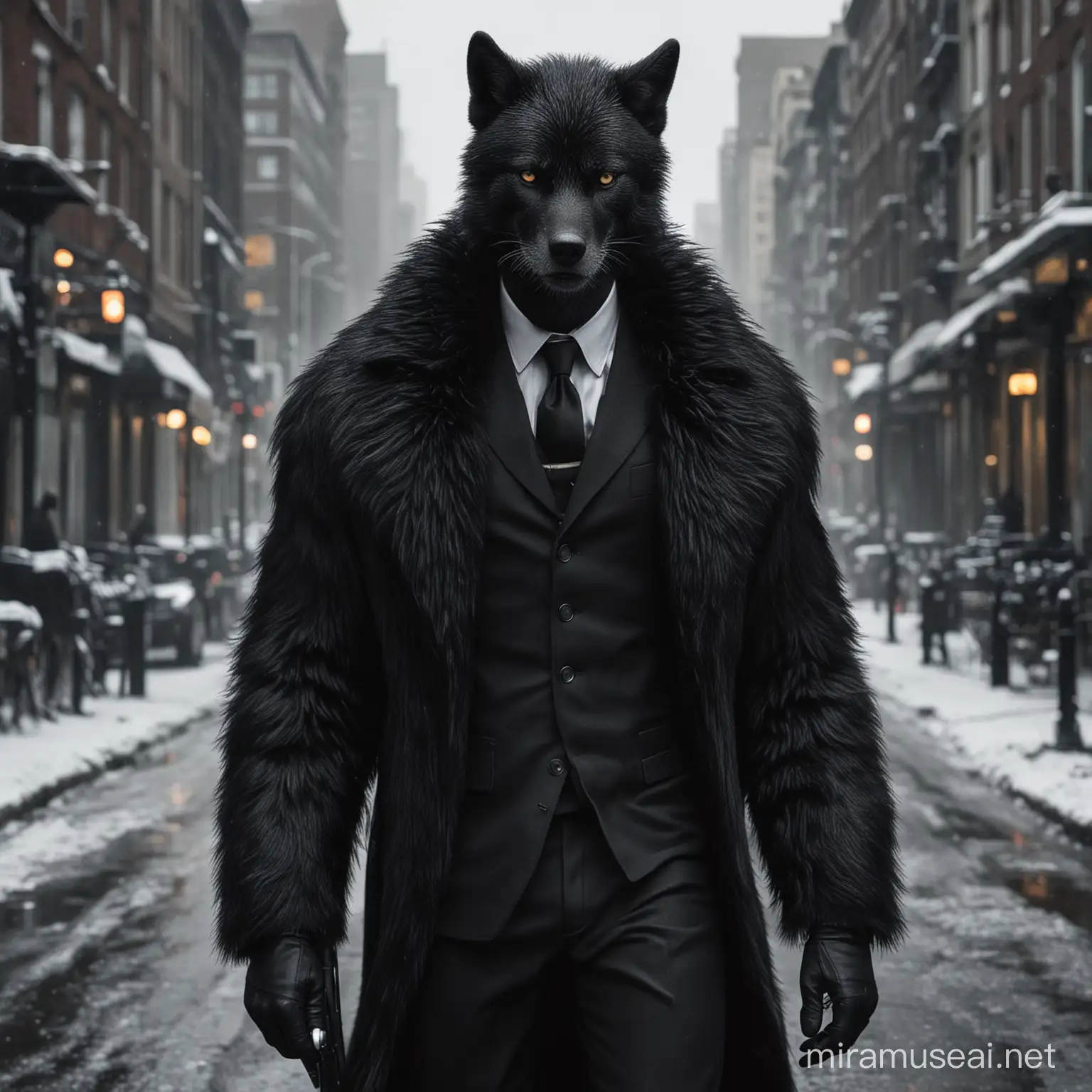 Majestic Lone Black Wolf with Classic White Mustache in Noir Cityscape