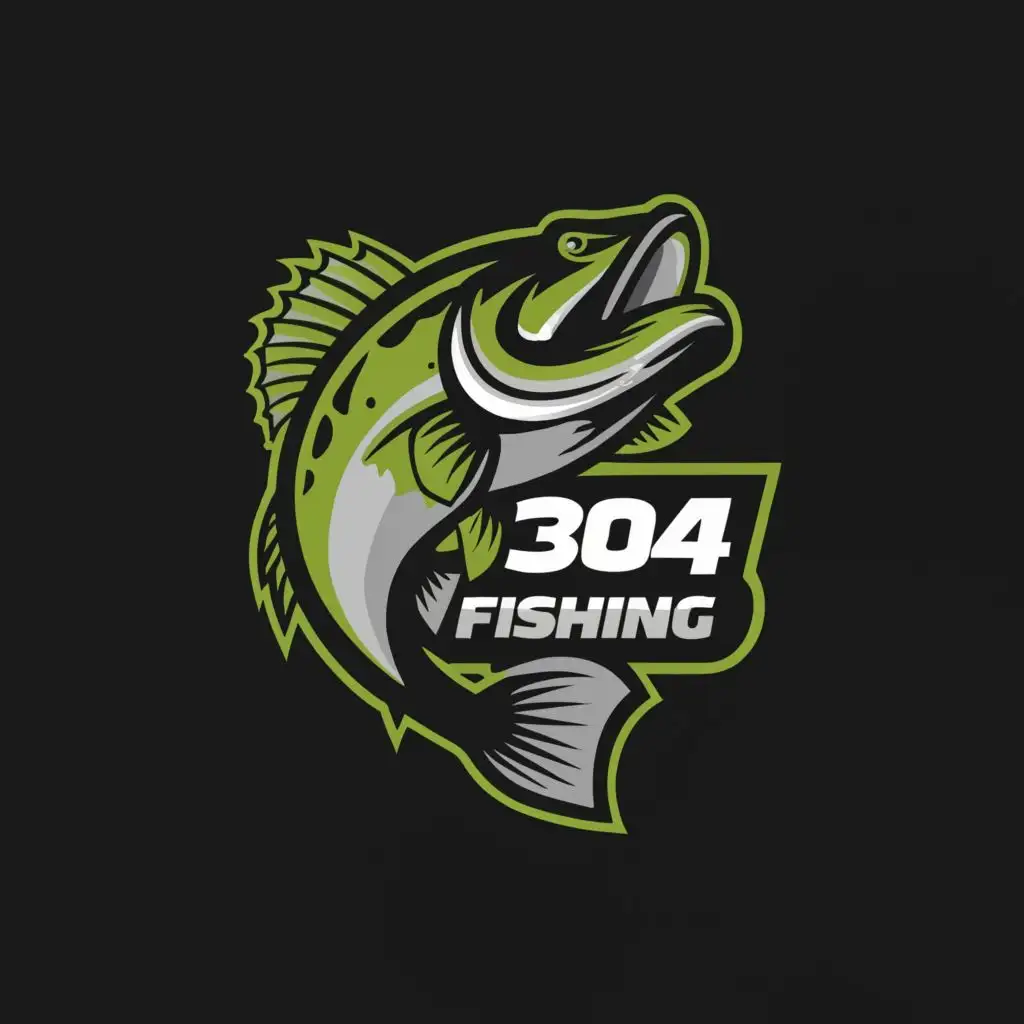 a logo design, with the text '304 Fishing', main symbol: Largemouth Bass 304 neon green hook