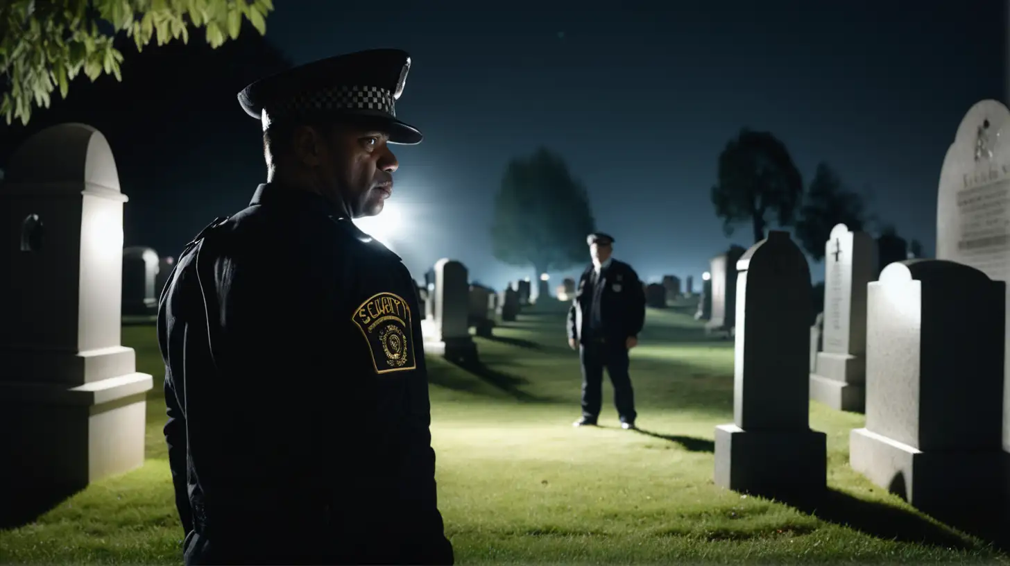 artgem, cinematic lighting, 1man, Security Guard, at Cemetery
