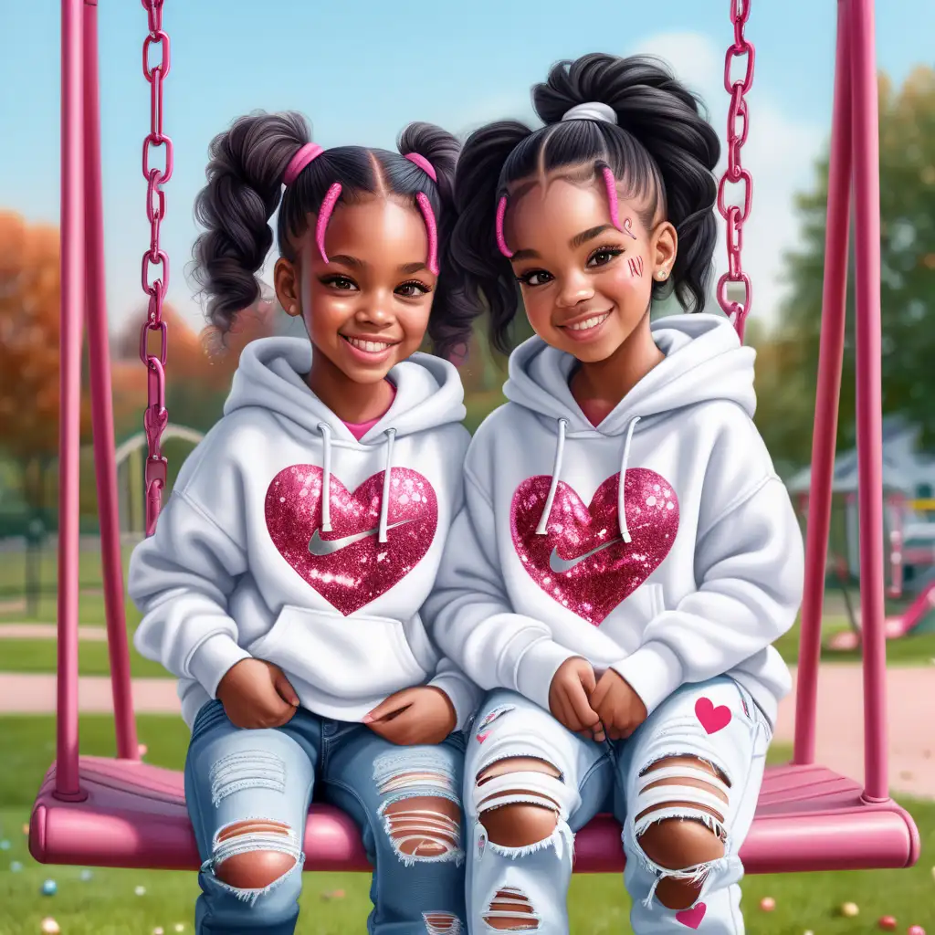 hyper realistic beautiful black little girl twin sisters with pony tails and baby hair,  smiling with dimple in their cheeks, they wearing a white hoodie with pink and red glitter hearts that say love, denim jeans with ripped knee, all white nike sneakers with pink and red in them, sitting on a swing at the park watching the other kids play

