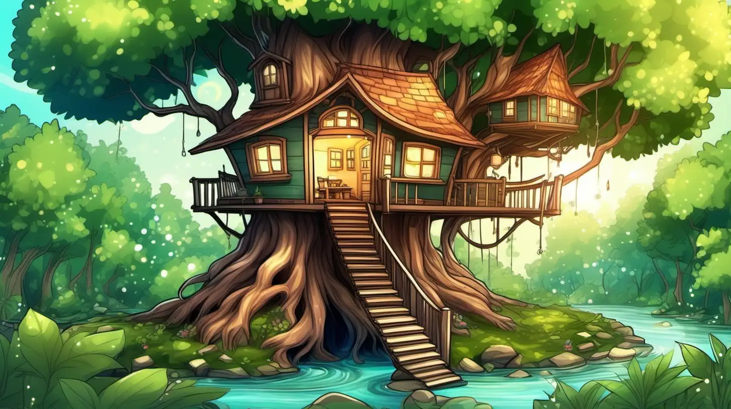 in chibi cartoon style, a large cottage style tree house with a large open window, in a magical enchanted lush forest with a large stream