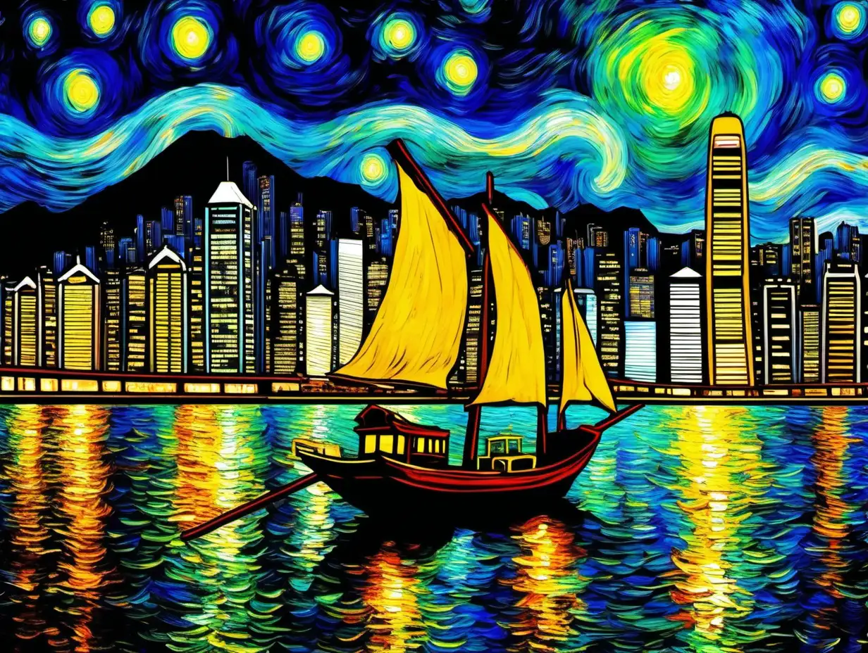 Van Gogh style with junk boat at Hong Kong Victoria harbour night view