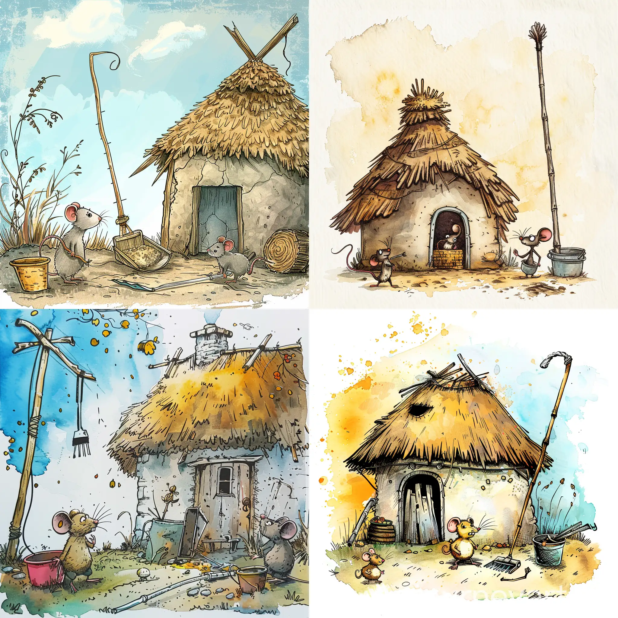 Inspired by fairy tales, this minimalist drawing sketch features a thatched house, a mouse (talking to his friends, a pole, a broken dustpan and a bucket), a colourful background design and whimsical characters to catch the eye and spark the imagination of young readers. Simple, Illustration, Watercolour, Rough, Cute, Webtoon Style