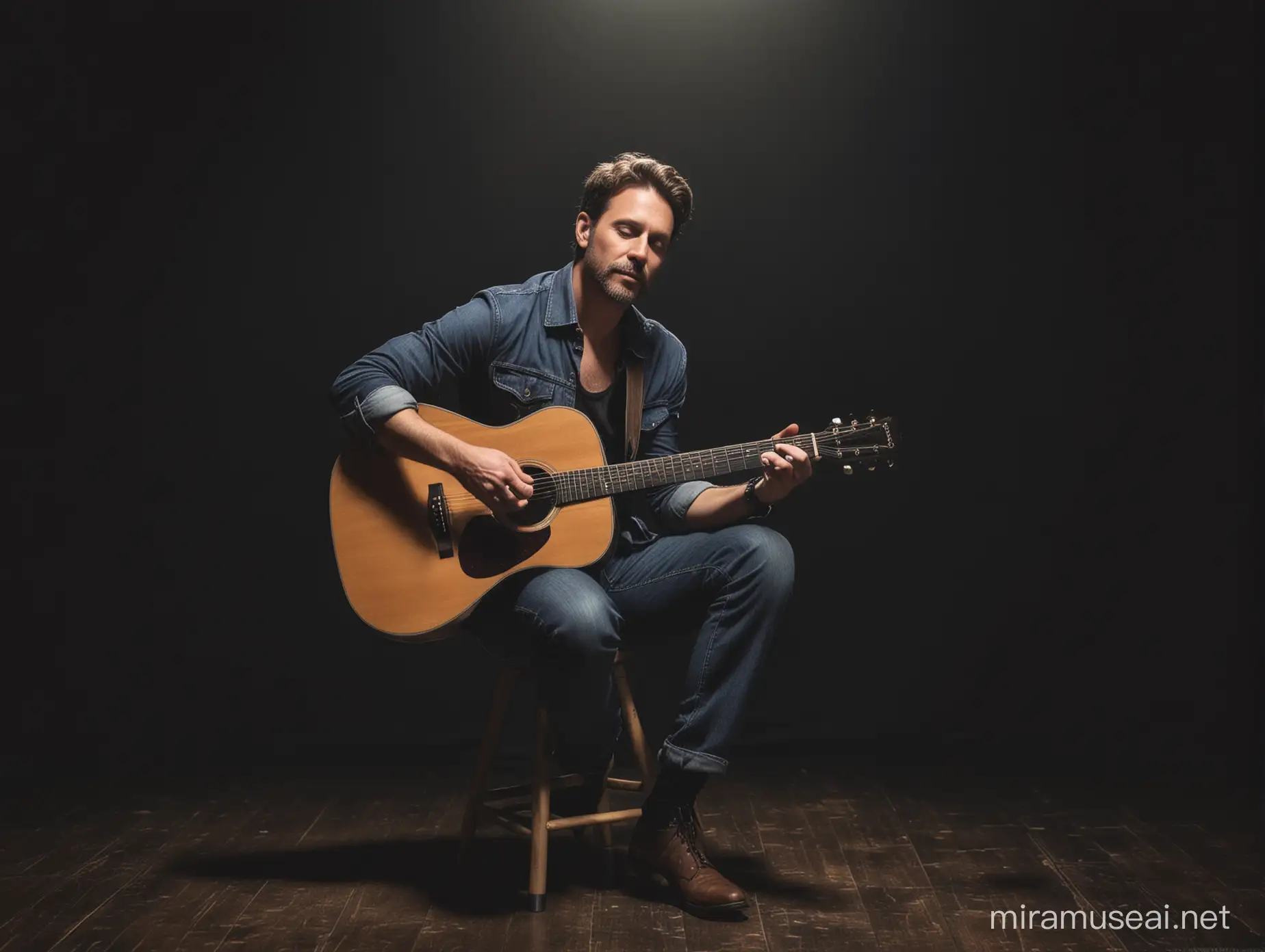 photograph of a 40 year old male singer songwriter sitting on a stool on a dark stage with an acoustic guitar wearing baggy pants