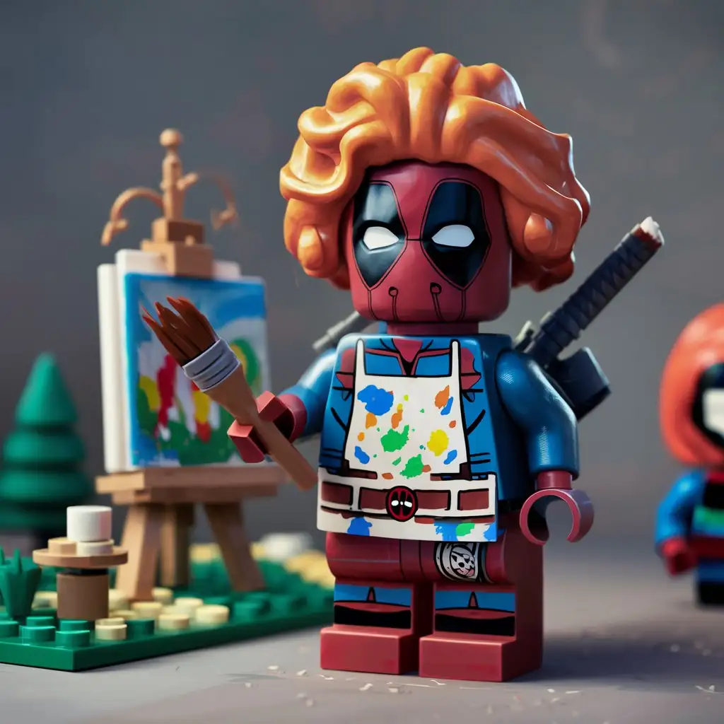 Lego Deadpool dressed as Bob Ross painting 