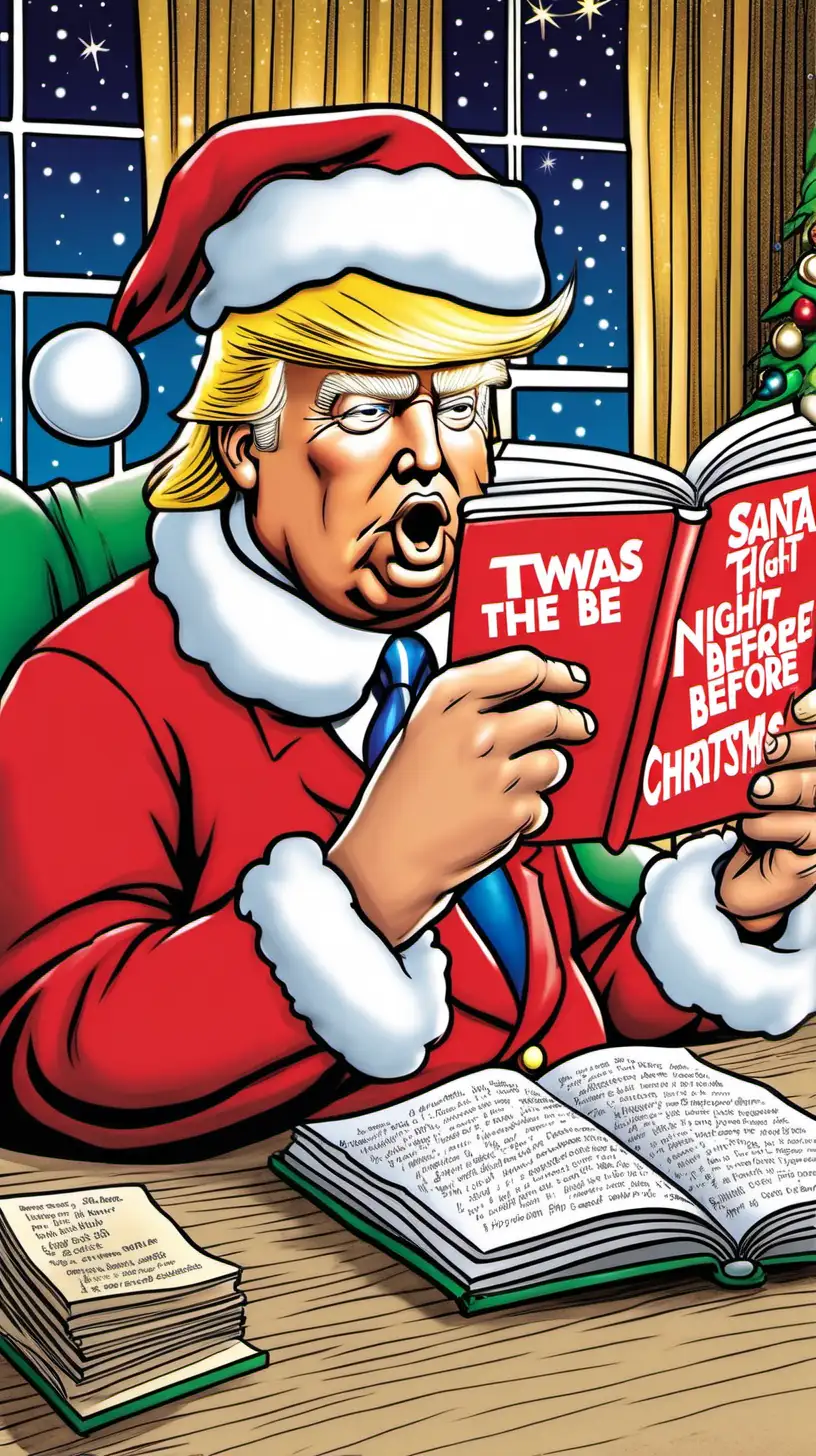 Cartoon Donald Trump in a Festive Santa Suit Reading Twas the Night Before Christmas