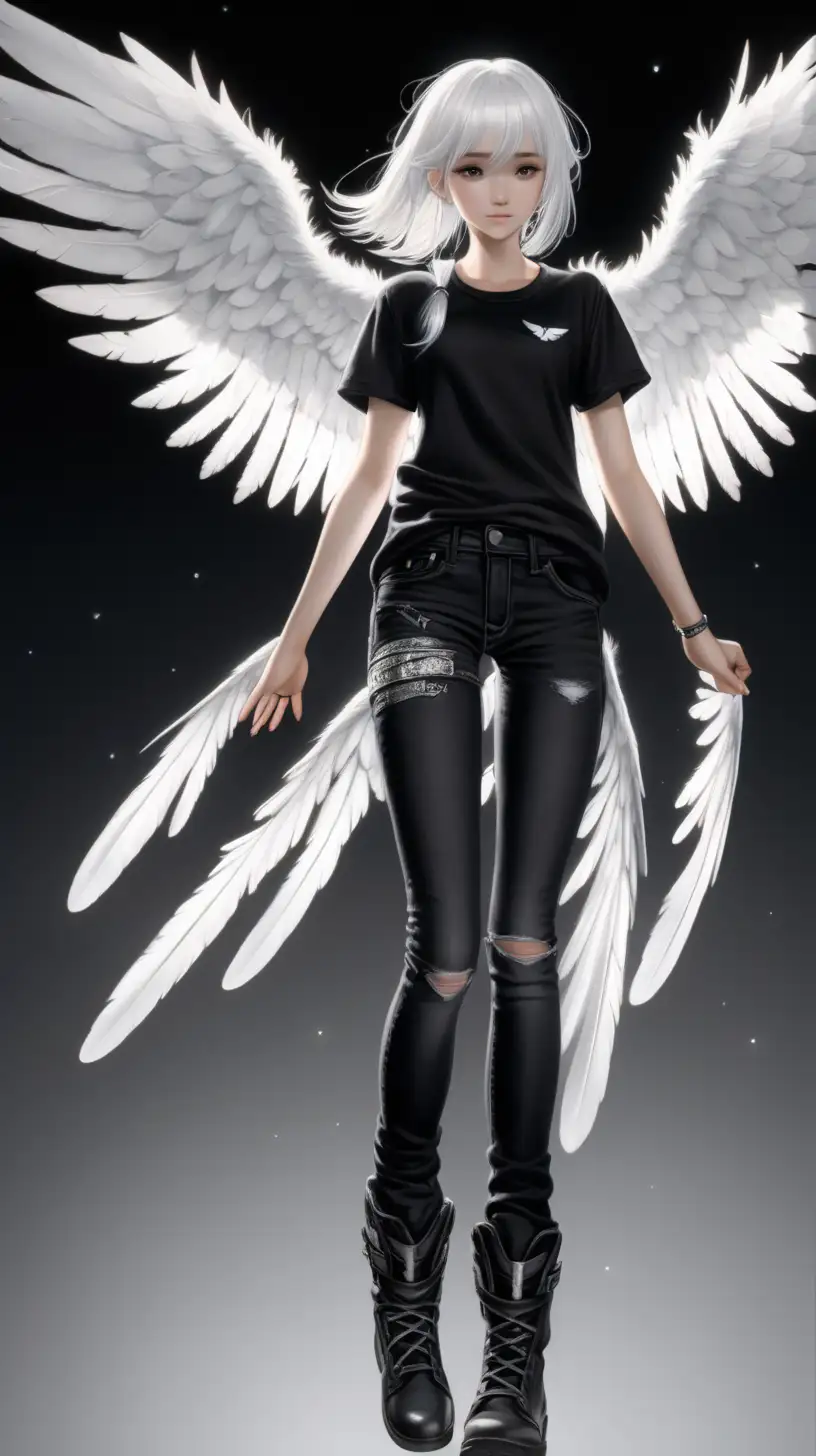 A female character with white shiny hair down to her shoulder, wearing black plain t-shirt and black jeans without decoration and black boots, has white detailed angelic wings attached to her back, flying up in the air in a black space