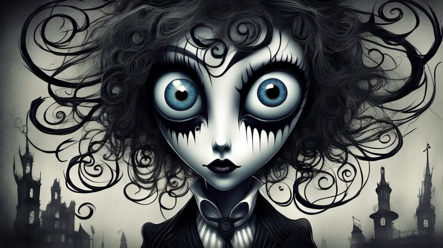 "Create a mysterious and alluring antagonist with eyes influenced by the dark, captivating style of Tim Burton's animated characters, evoking a sense of intrigue and unease."