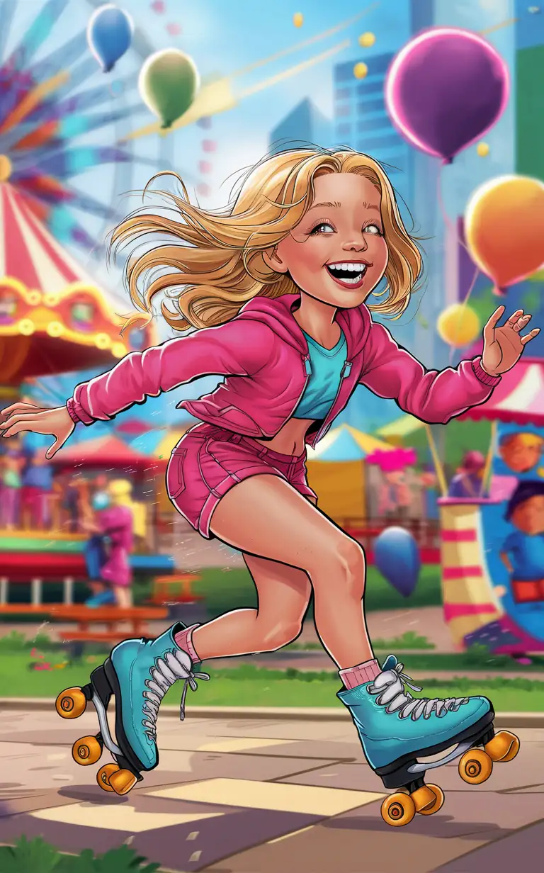 Blonde Girl Roller Skating with Joy in Comic Style Art