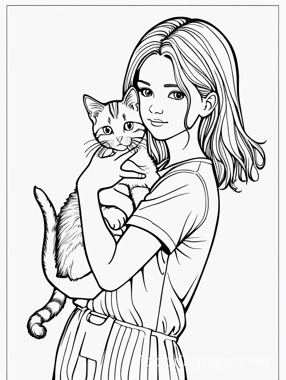 A 12-year-old girl with a kitten in her arms., Coloring Page, black and white, line art, white background, Simplicity, Ample White Space. The background of the coloring page is plain white to make it easy for young children to color within the lines. The outlines of all the subjects are easy to distinguish, making it simple for kids to color without too much difficulty