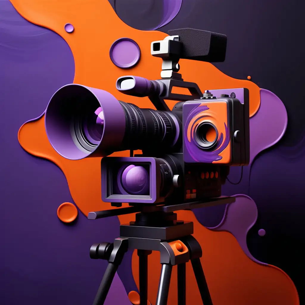 artistic graphic showing creative services 
phtography, filming, painting, graphic design 
purple orange and black background