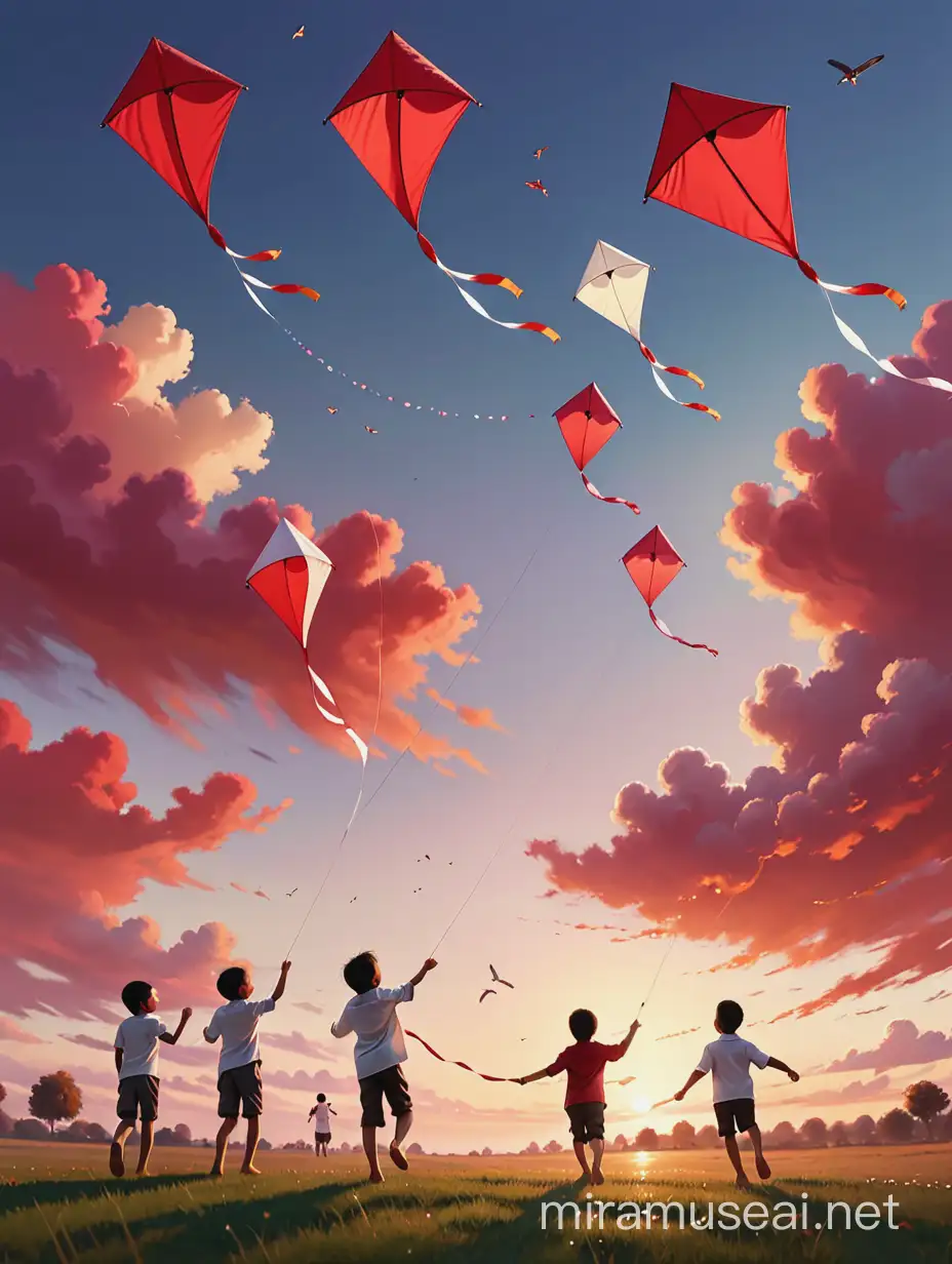children flying kites in a red and white sky