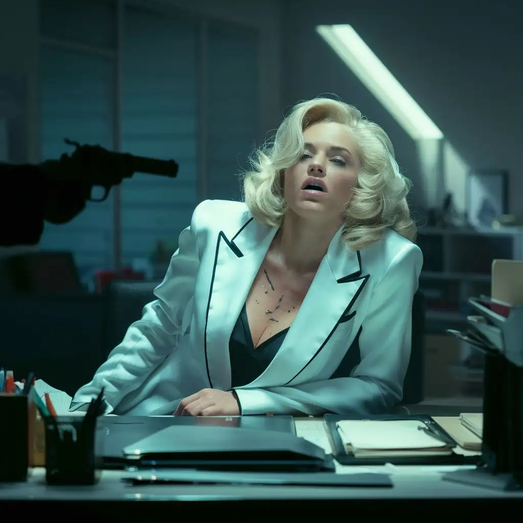 pretty blonde woman in white blazer shot dead in office