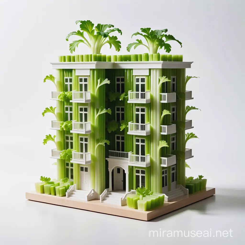 A picture with a white background, an apartment building entirely made of celery