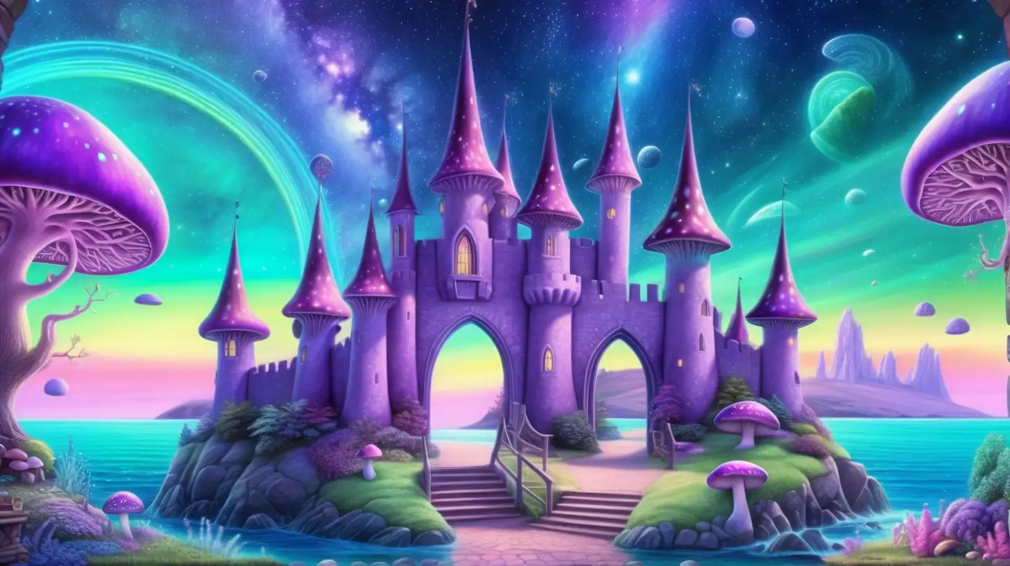 bookshelf portal to fairytale-magical grape trees -glowing-bright purple-pastel green-sky blue forming a castle that shows outer space astroids and rainbow-mushroom garden and a bright ocean