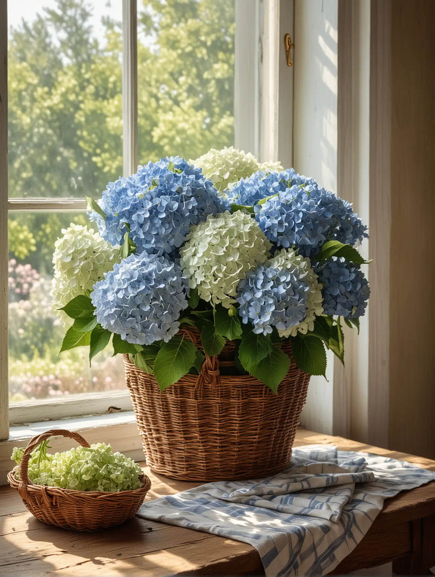 in style of van gogh painting create an image of a basket of cut hydrangeas on a country table next a wall and window with morning sunlight coming in with cutting accessories and other accessories to make a still life image