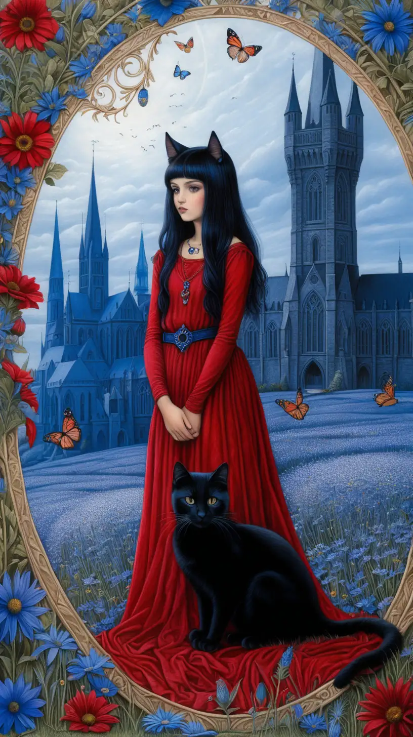 Gothic Cityscape with Magic and Bohemian Friends Surrounded by Ruby Red and Sapphire Blue Wildflowers