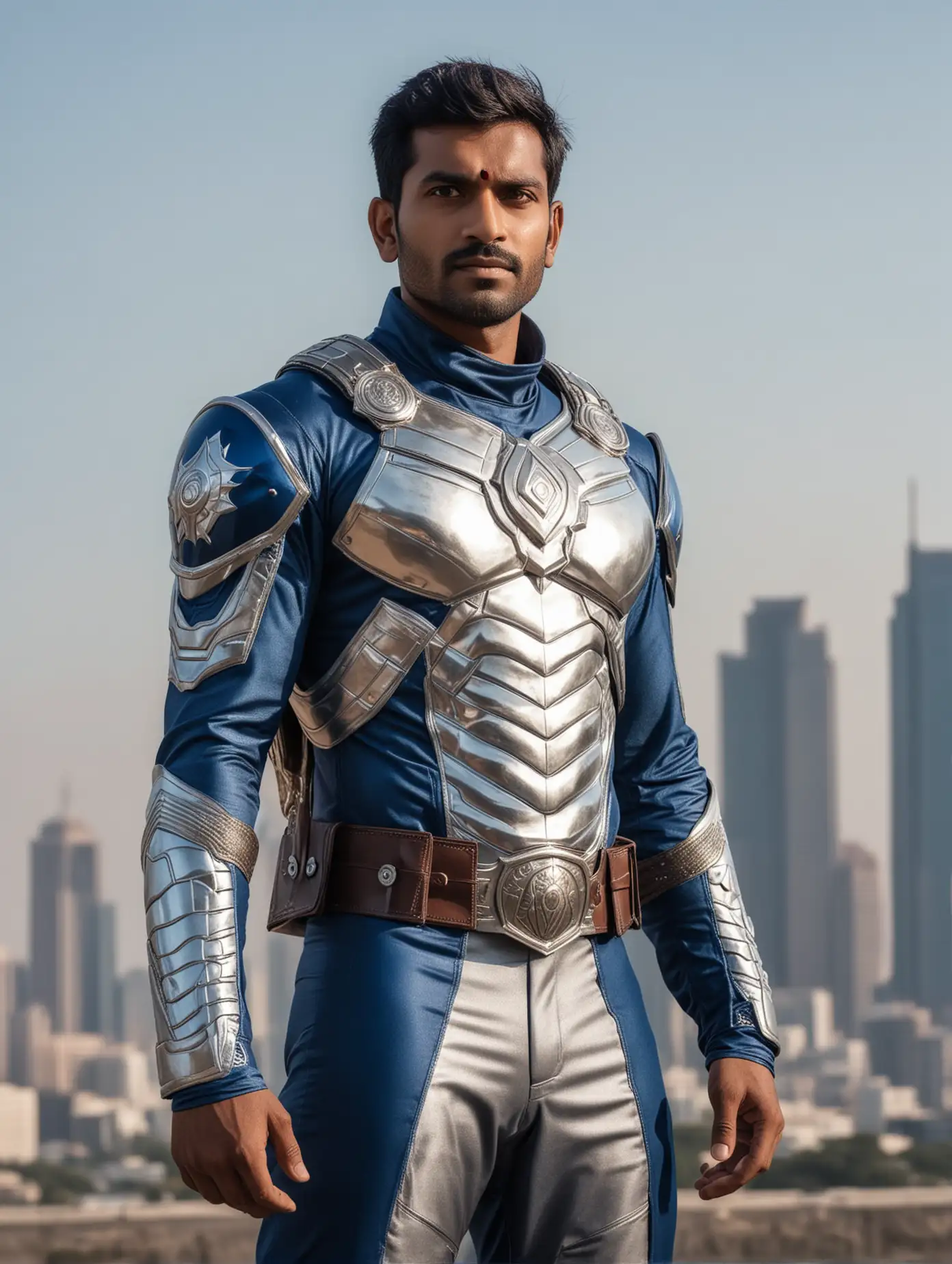 super hero indian man looking straight at camera  in super hero suit with , armor, belt  in silver and blue in eclipse skyline half body